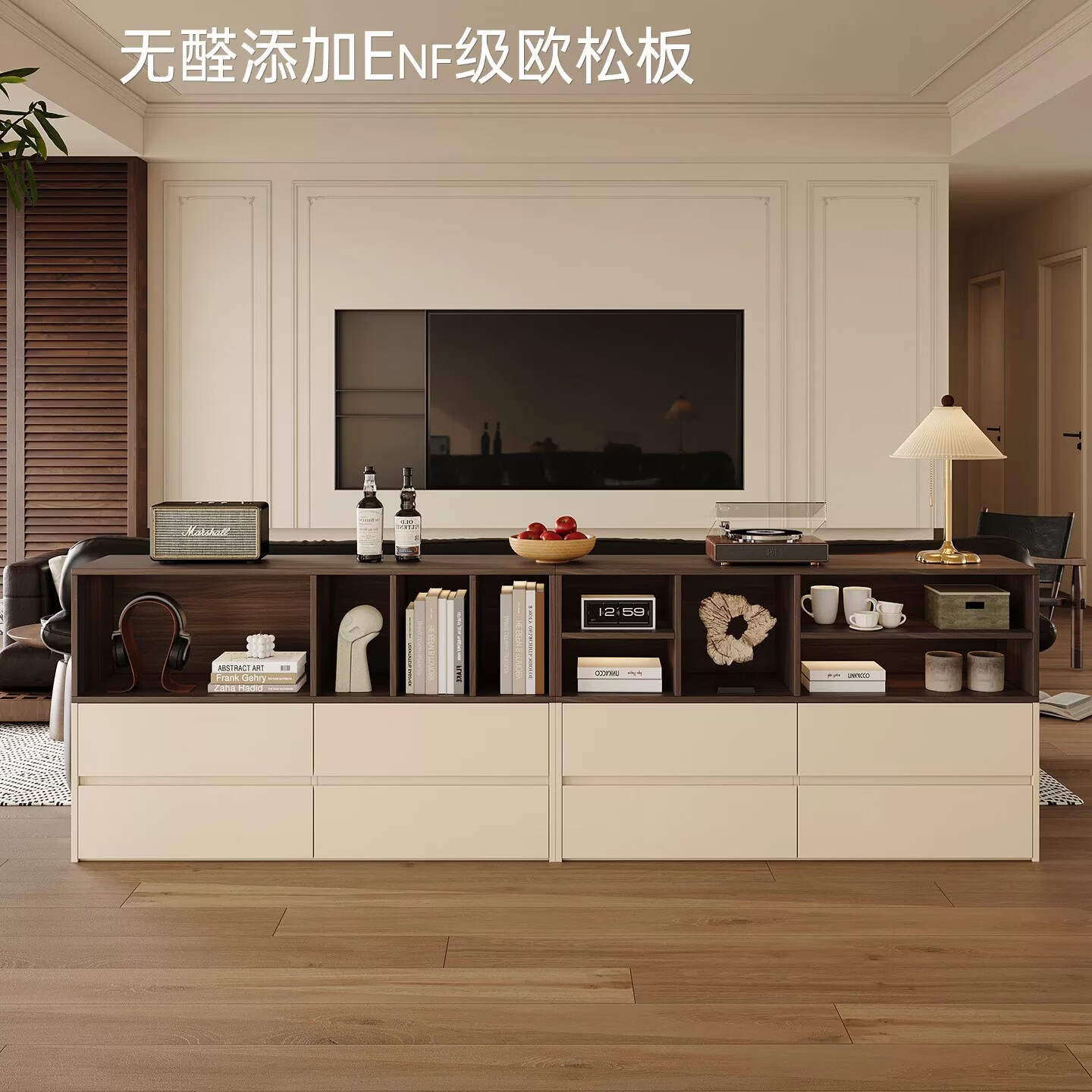 博翼中古奶油风餐边柜ENF级沙发背靠山柜长条柜客厅靠墙一体储物斗柜 (9)【Enf级】长280cm白色+黑色
