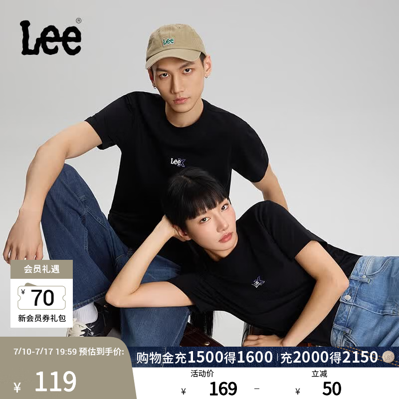 Lee26春夏标准版圆领小Logo印花图案男女同款短袖T恤休闲潮 黑色（尺码偏大，拍小一码） L
