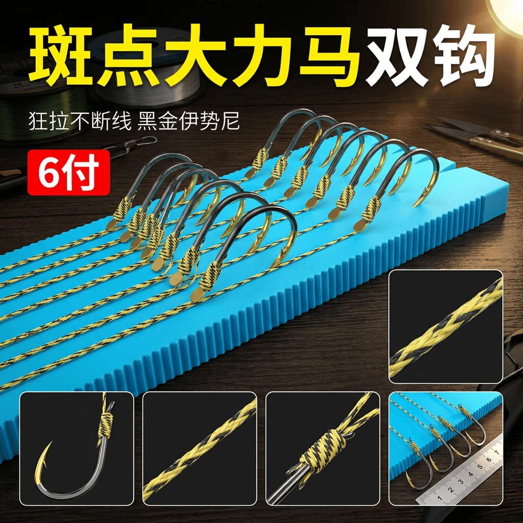 PE大力马大物子线双钩巨物精绑超硬伊势尼手工成品鱼钩专攻鲫鲤草 12付装 子线4.0+12号钩