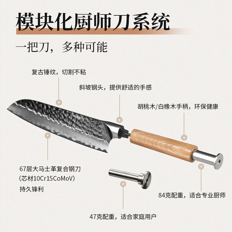 LIVEON大马士革钢材锋利厨房菜刀切片厨师刀三德刀实木手柄创意获奖刀具 墨刃8寸厨师刀
