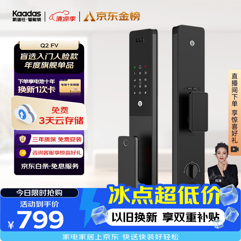 凯迪仕（KAADAS）智能门锁 人脸识别猫眼监控摄像指纹锁密码智能锁 Q2 FV