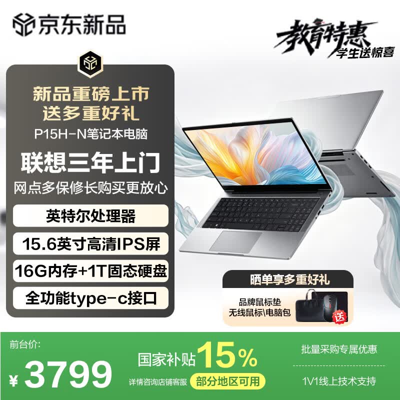 联想（Lenovo）投资品牌 异能者 笔记本电脑 P15H-N 15.6英寸 英特尔处理器 16G+1T 国家补贴 轻薄性能办公商务本