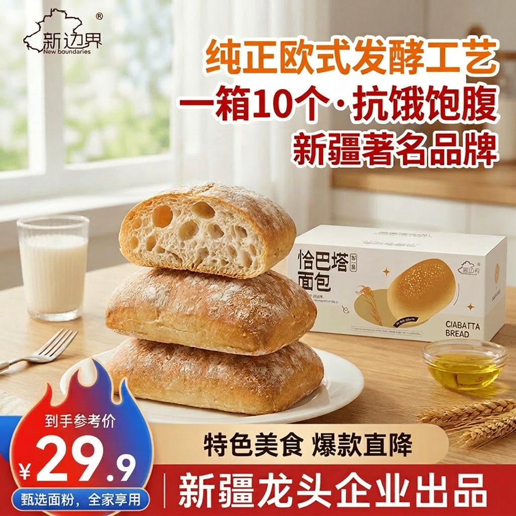 新边界恰巴塔1000g 面包欧包全麦粗粮早餐健身代餐手工DIY三明治