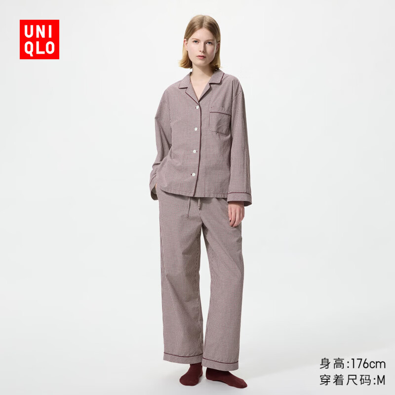 优衣库棉质睡衣/长袖长裤女装起居服套装488173 19 酒红色 L