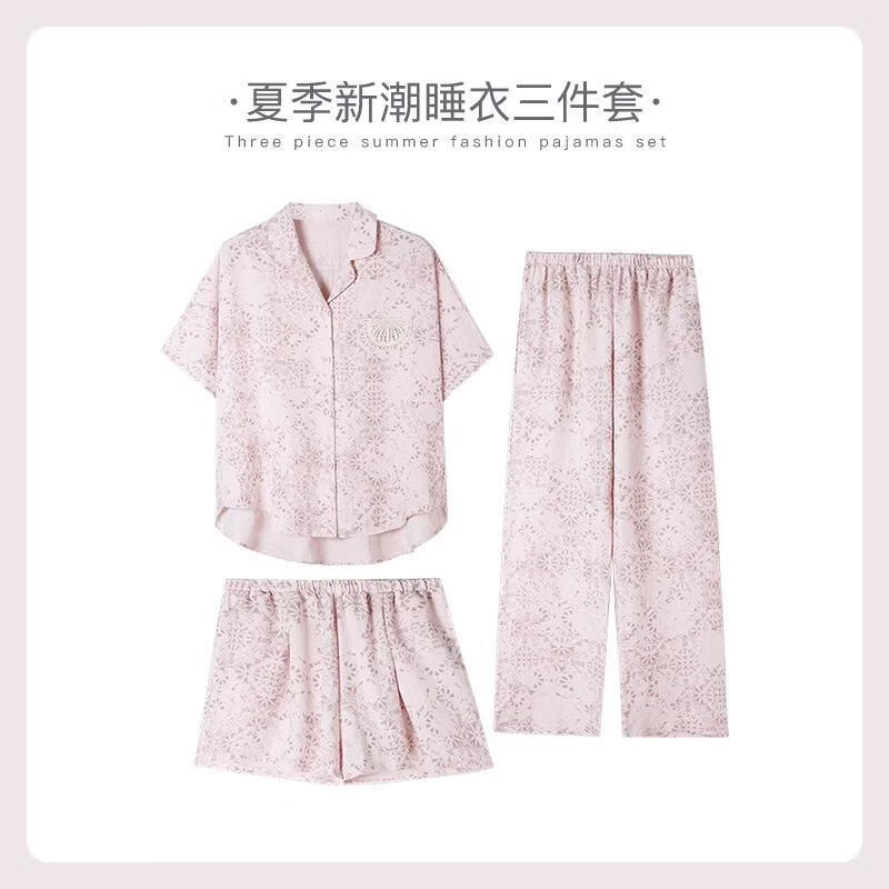 小众设计师新款泡泡绵女士睡衣夏季短袖可外出家居服三件套 三件套【胸垫款】 L (100-120斤)