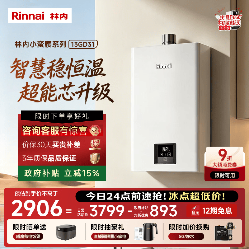 林内（Rinnai）【小蛮腰】13升燃气热水器 天然气热水器 智慧恒温升级CPU 低压启动上门安装13GD31（JSQ26-GD31）