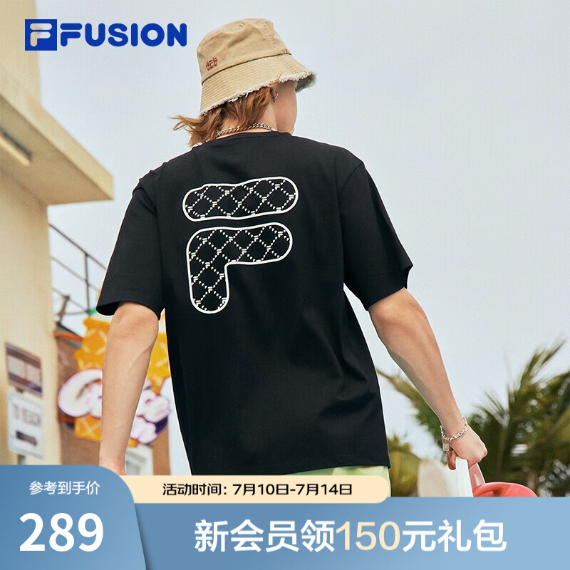 斐乐（FILA）FUSION潮牌情侣短袖T恤夏季宽松休闲印花男女装圆领纯棉上衣 深黑-BK M (170)