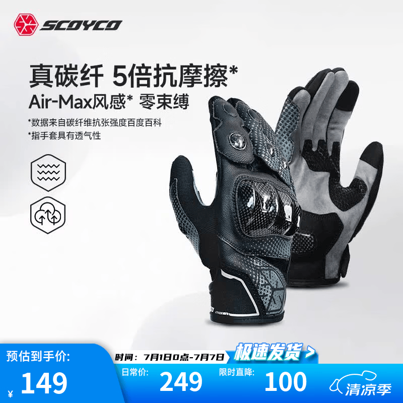 赛羽（SCOYCO）碳纤维摩托车夏季透气散热款仿赛通勤骑行手套机车专用男女 MC230-黑灰 夏季散热款【碳纤抗摔耐磨】 L