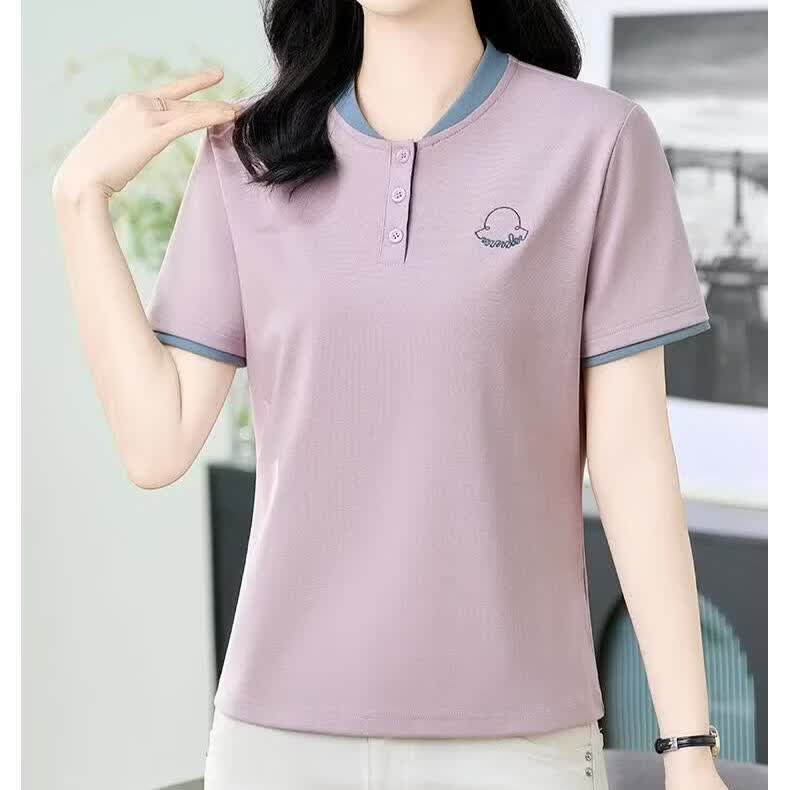 【专柜正品】女士时尚撞色拼接圆领棉短袖夏季新款休闲T恤 灰紫色 2XL (建议120-130斤)