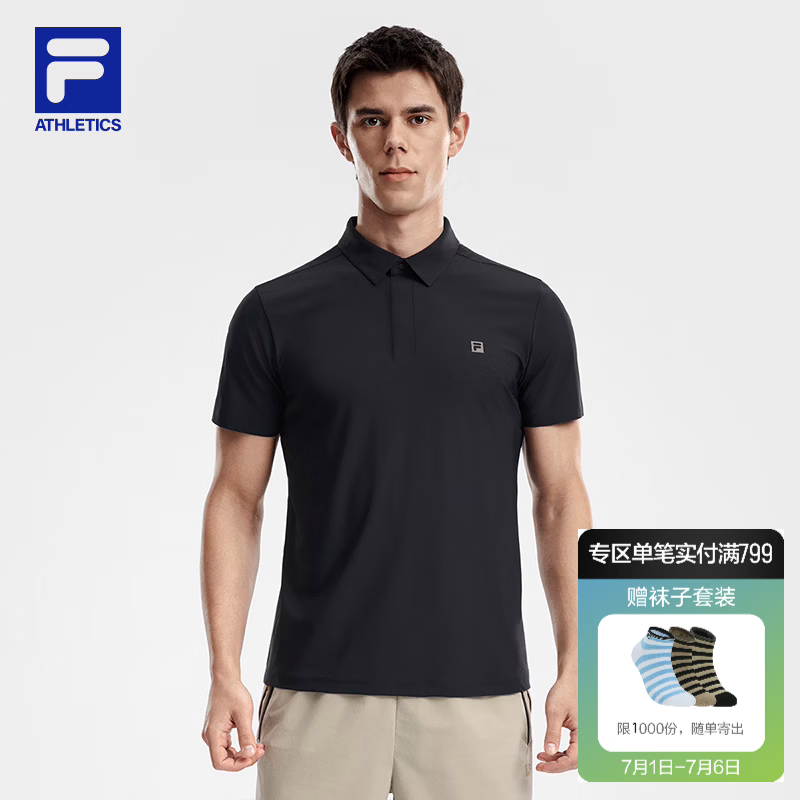 FILA 斐乐官方男子针织短袖POLO衫2026夏季新款健身运动防晒上衣 深黑-BK XL 180/100A/XL