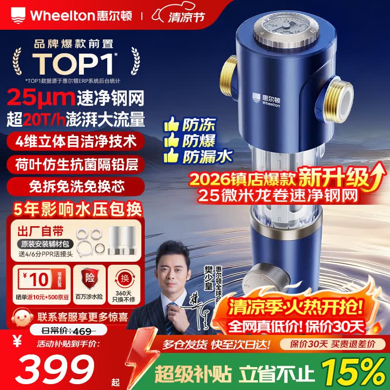 惠尔顿前置过滤器20T大通量过滤25微米反冲洗家用全屋净水器 实时自动清洗刮洗自来水防爆过滤器P0038pro 自行安装【20T-升级25微米精滤】