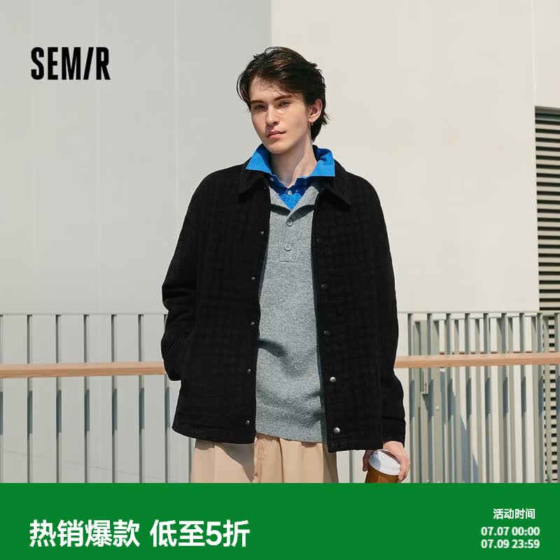 森马（Semir）夹克男格纹绒感雪尼尔牛仔外套冬季棉服宽松教练服复古时尚潮 牛仔黑98301 XS