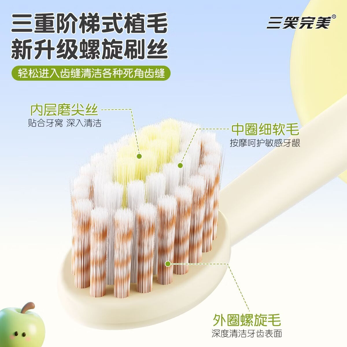 三笑完美山姆同款儿童软毛牙刷苹果凸面山型护龈清洁牙齿宝宝专用3到12岁 山姆同款【店长推荐】儿童牙刷 4支