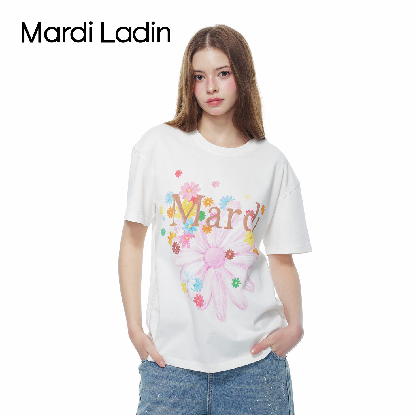 MARDI LADIN印花短袖T恤女2026年夏季新款宽松圆领女装休闲百搭上衣女 米白 XS