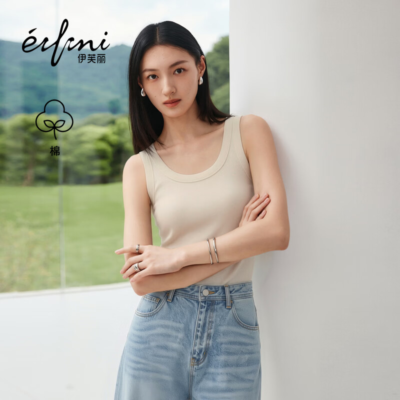 伊芙丽（eifini）秦岚代言伊芙丽罗纹慵懒风休闲百搭吊带背心女T2026夏季新款上衣 米白 M / 100-110斤