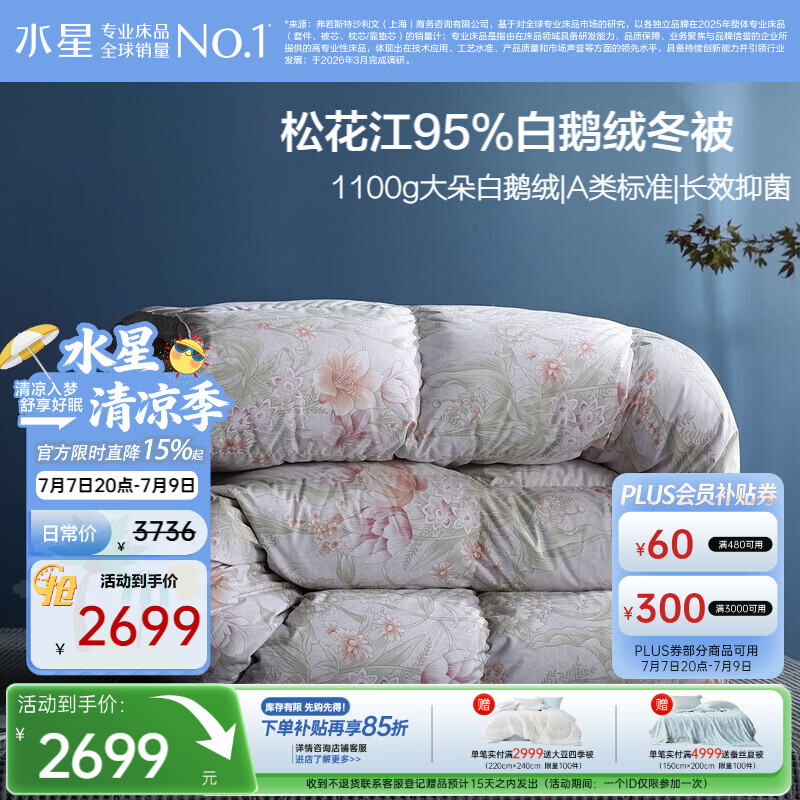 水星家纺羽绒被95%白鹅绒被子冬季加厚冬被芯双人羽绒被220cm×240cm1100g
