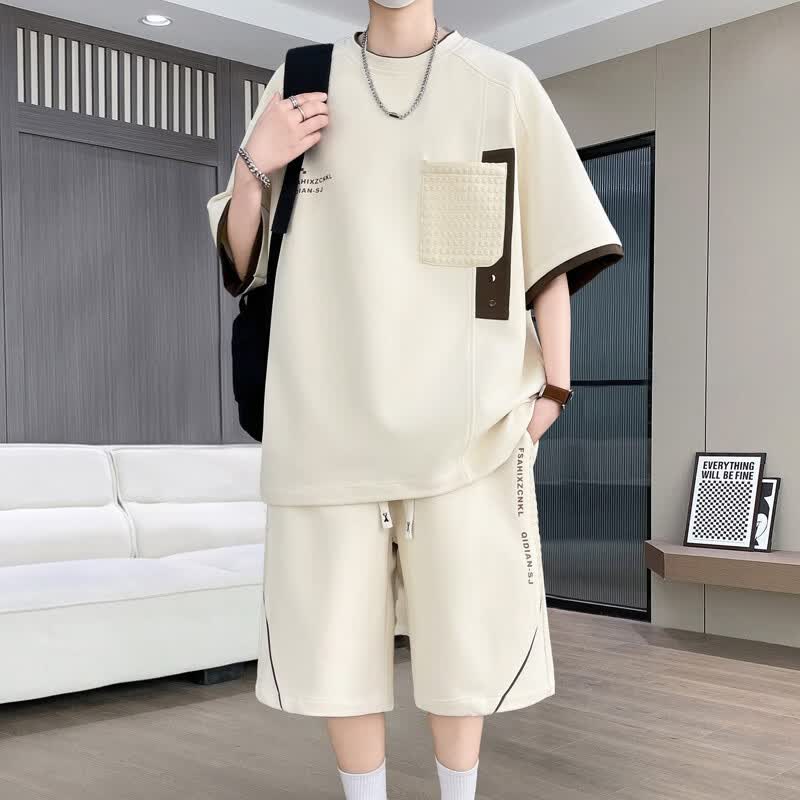 【轻奢定制】夏季新款男冰感宽松短袖短裤套装时尚休闲百搭两件套 杏色套装 4XL 建议180~200斤