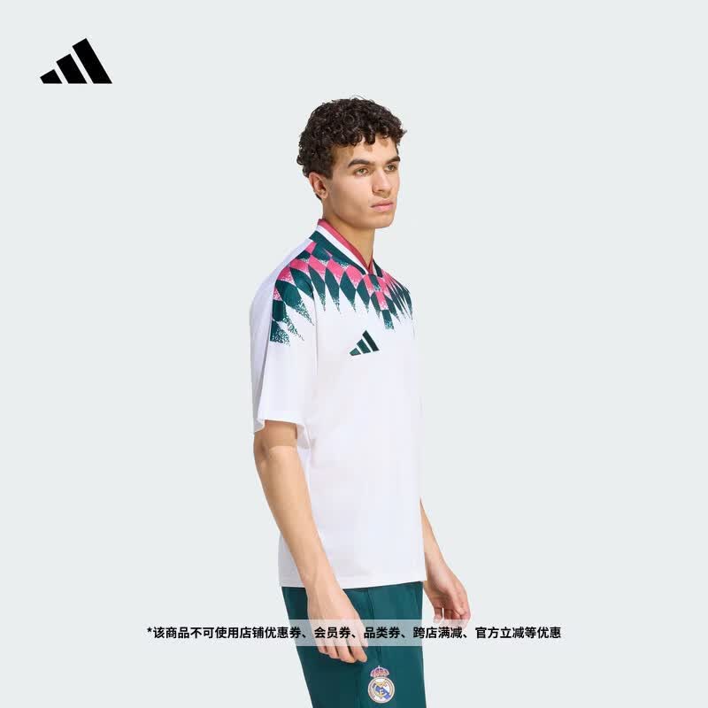 adidas皇马复古足球休闲文化宽松短袖球衣男装夏季新款阿迪达斯   白色/极光常春藤绿/亮粉   L