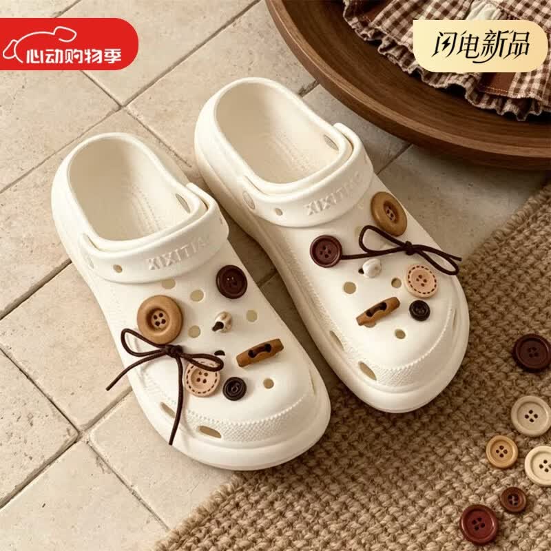 细细条（XIXITIAO）沙滩度假凉拖夏季防滑足弓支撑包头两穿创意diy纽扣复古洞洞鞋女 白色纽扣绳结【足弓软底】 34-35