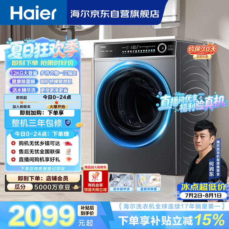 海尔（Haier）【何润东同款】滚筒单洗洗衣机全自动家用12公斤大容量超薄 家电国家补贴 洗羽绒服 以旧换新 659H