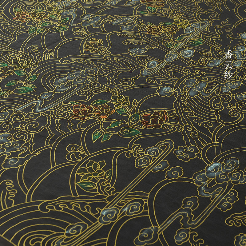 贝兰蓓儿 烫金彩绘缎面龟裂纹香云纱170#真丝面料丝绸布料复古中式