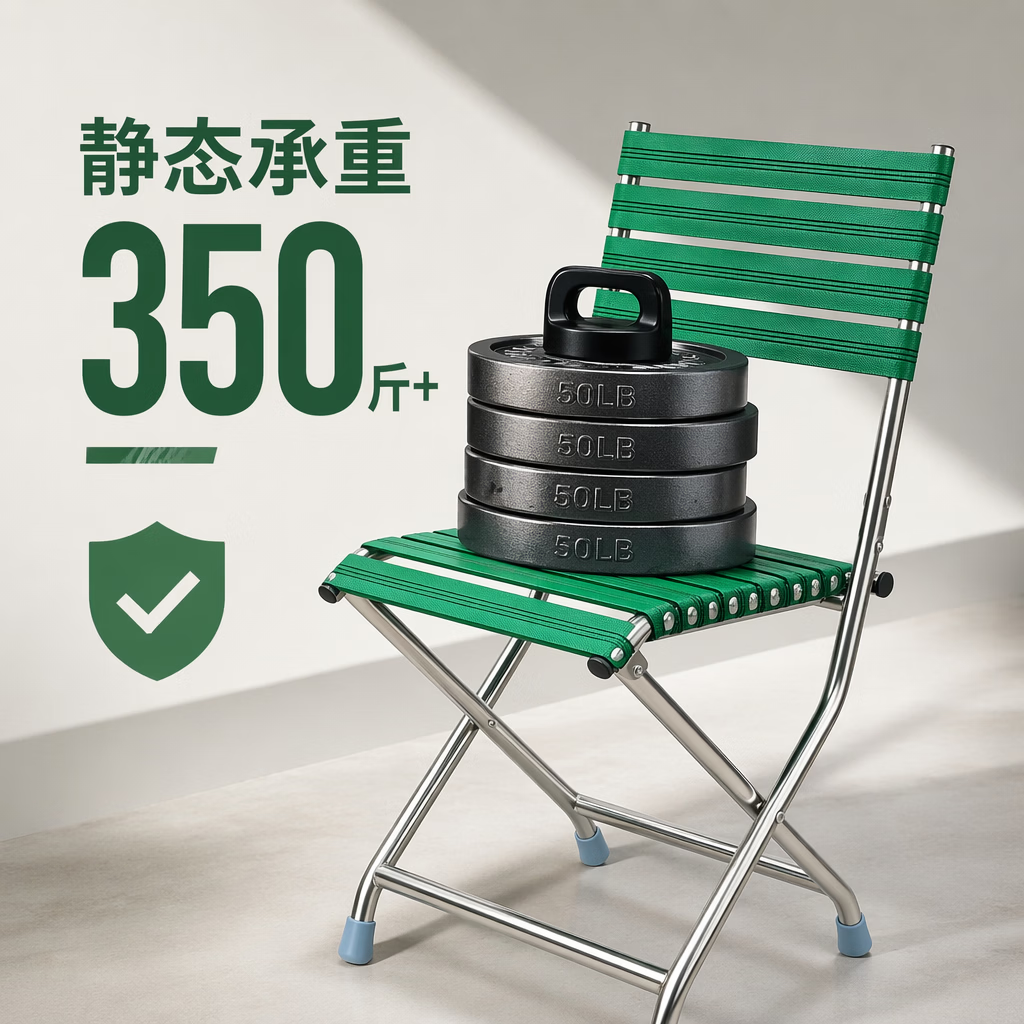 不锈钢折叠椅户外便携钓鱼凳子靠背椅折叠凳折叠椅听戏马扎防滑椅 绿色 大号款椅子*2把+户外折叠小方桌