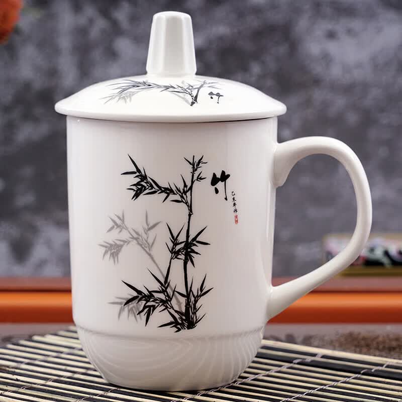 现货低骨瓷会议杯景德镇陶瓷带盖水杯办公杯商务茶杯家用茶楼用 1#报春 400ml