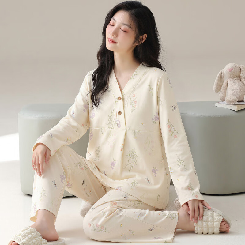 ROVO纯棉月子服孕妇产后喂奶哺乳睡衣带胸垫吸汗产妇家居服套装 粉色小兔【纯棉 自带胸垫】 XXL