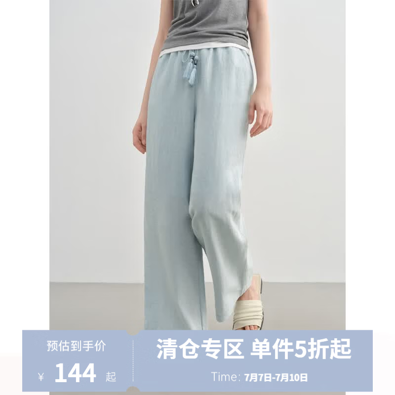 独束大码女装简约大气休闲裤女夏季薄款天丝亚麻宽松慵懒风直筒裤 清水蓝 L （尺码：2）
