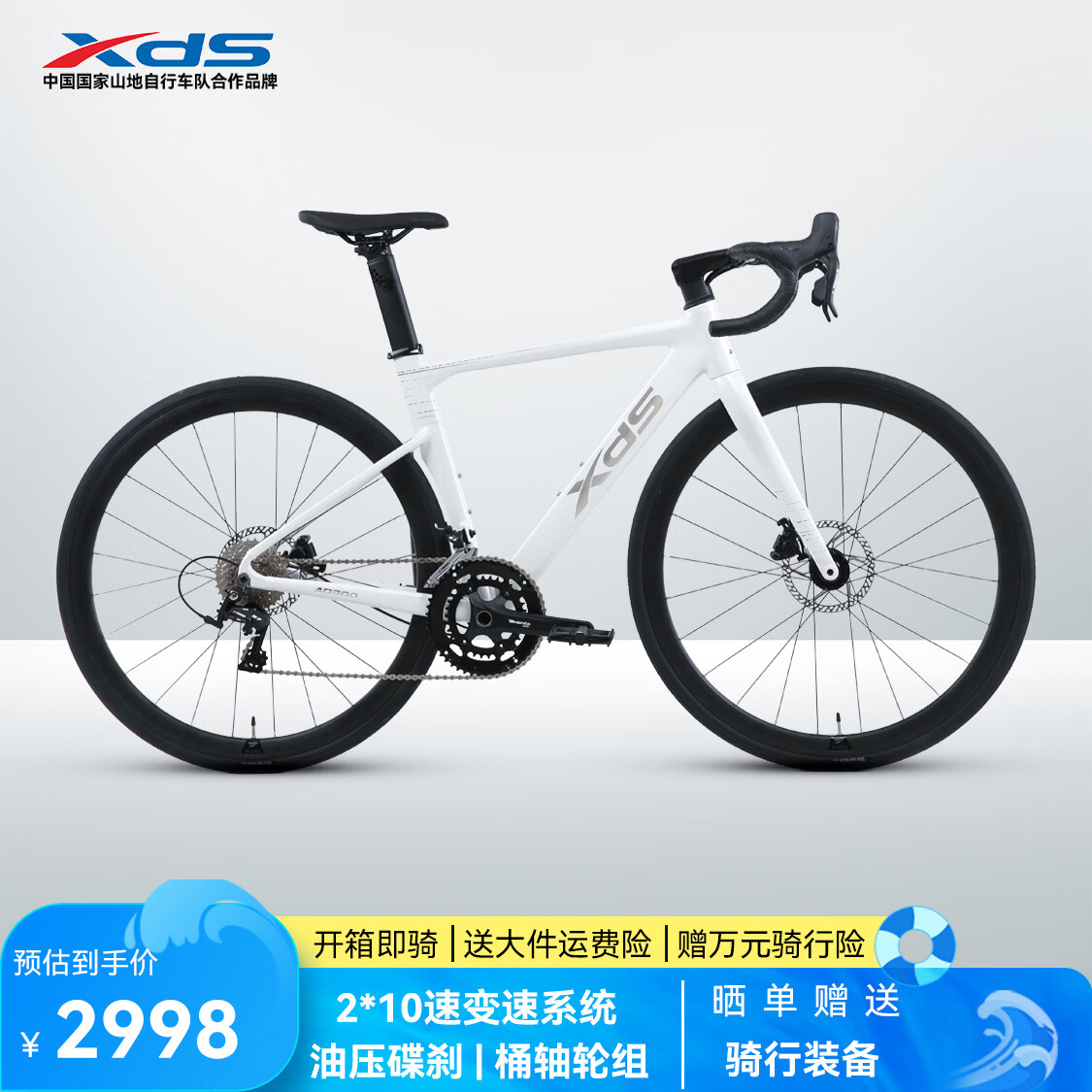 喜德盛公路自行车AD300油碟UCI车架2x10速中空一体牙盘桶轴破风车 雪山白（新色） 480mm（适合身高165-175cm）