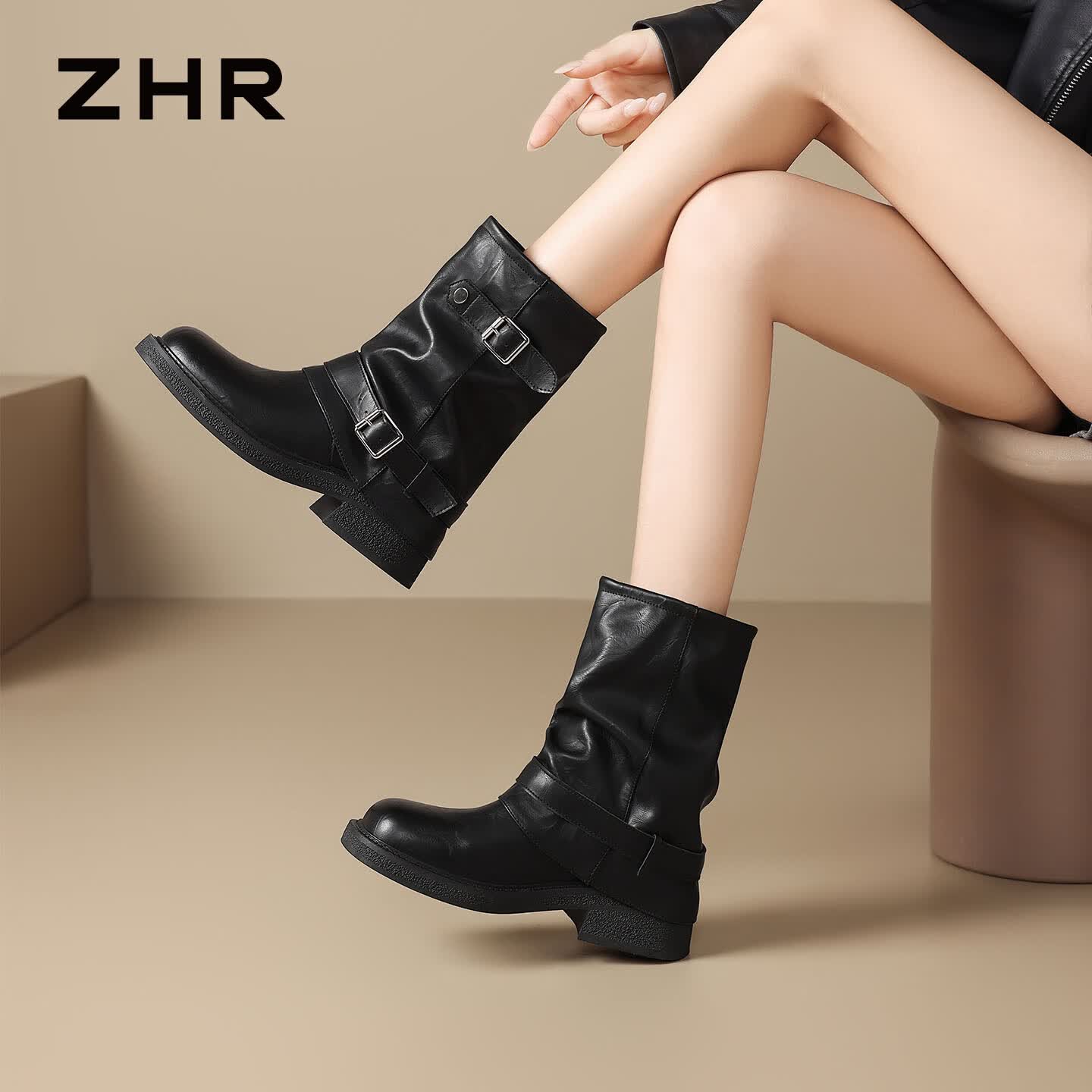 ZHR则则复古裤管靴女褶皱西部牛仔靴粗跟皮带扣中筒骑士靴 JF609黑色37