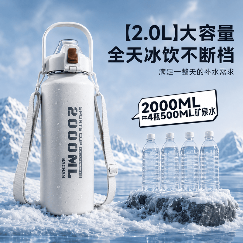 八千行保温保冷杯大容量316L不锈钢男学生户外运动水壶吸管水杯2026新款 白色2000ml【保温保冷48H+背带】