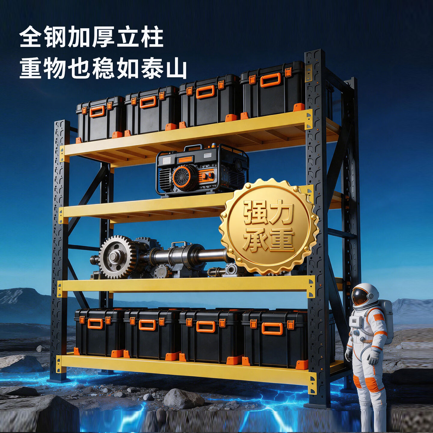 孤影仓储货架金属储物架家用置物架多层高度可调加厚超强承重收纳架 黑黄主架-4层-高200cm 长200cm宽60cm【层高可调 十年质保】