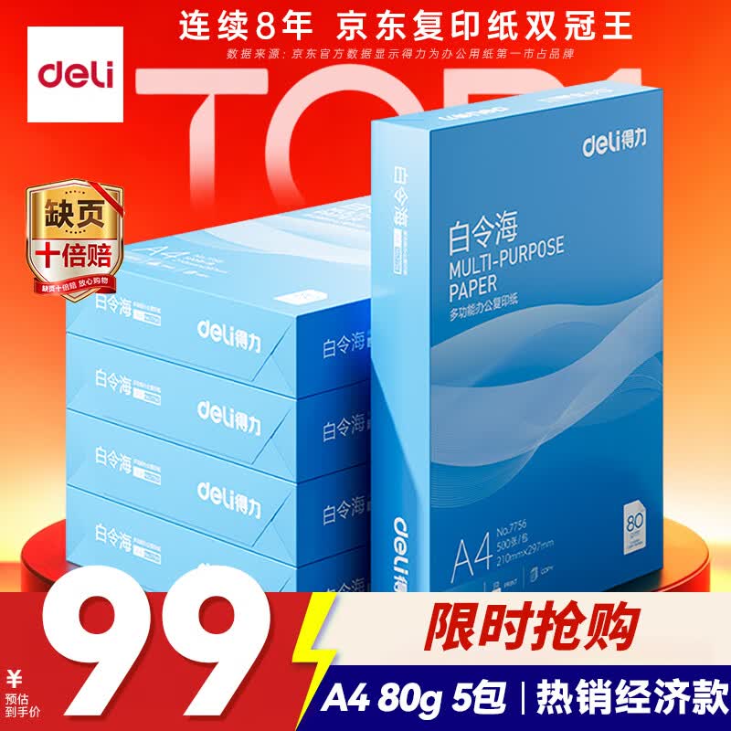 得力（deli）白令海A4打印纸 80g500张*5包一箱 双面加厚 高性价比复印纸 整箱2500张 7763【经济热销】