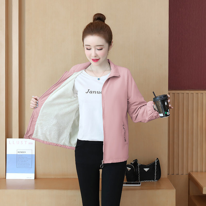 玛妮菲外套女2021新款冬季韩版宽松矮个子时尚百搭上衣加绒加厚夹克 粉色 S 70-90斤