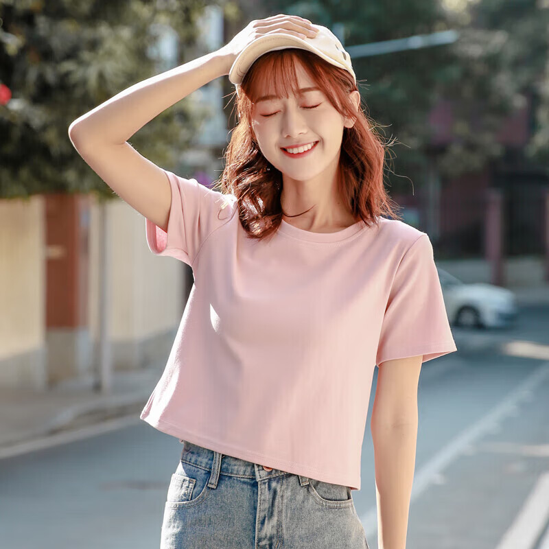 吻艺秀搭配阔腿裤的短款上衣露肚子的衣服短袖t恤女高腰小个子露脐装