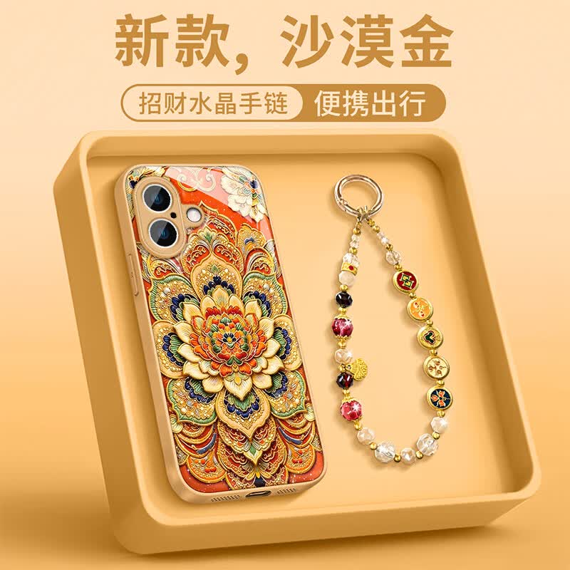 适用苹果17敦煌莲花金色闪粉水凝壳手链手机壳全包防摔保护套 金色闪粉水凝-敦煌莲花+水晶手链 苹果17