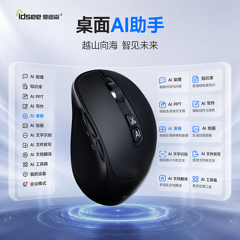 IDSEE爱迪森AI智能鼠标语音输入无线蓝牙双模智能写作翻译办公游戏通用人体工学静音充电鼠标 钻石黑 锐思专业版(有会议功能)