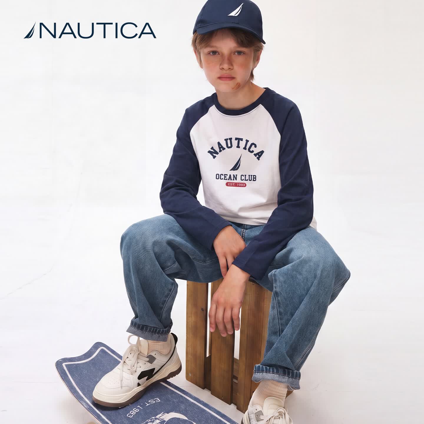 诺帝卡(NAUTICA)吸湿速干儿童长袖圆领基础T恤女童男童云感撞色宽松插肩袖 本白 170
