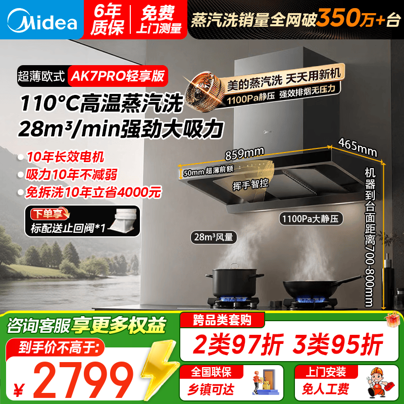美的（Midea）【蒸汽洗AK7PRO轻享版】欧式顶吸式抽油烟机 28风量大吸力变频 自清洗排吸油烟机AK7T燃气灶套装 【AK7 T】AK7PRO轻享版28风量