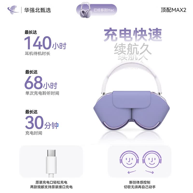 华强北头戴式蓝牙耳机Max2代顶配版主动降噪2026新款无线正品适用苹果iPhone17游戏电竞高音质运动爆款 【Max二代-紫色】 原版全功能Pro级主动降噪 顶配版