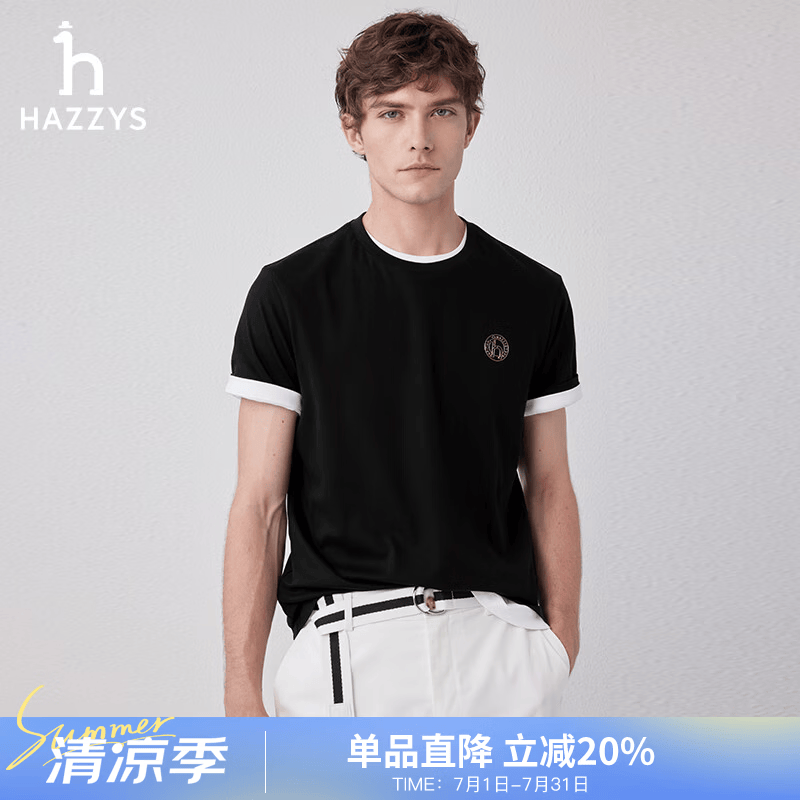 哈吉斯（HAZZYS）男装 夏款【高洁工艺】圆领短袖T恤男ASTZE0BBE63 黑色BK M (170/92A 46)