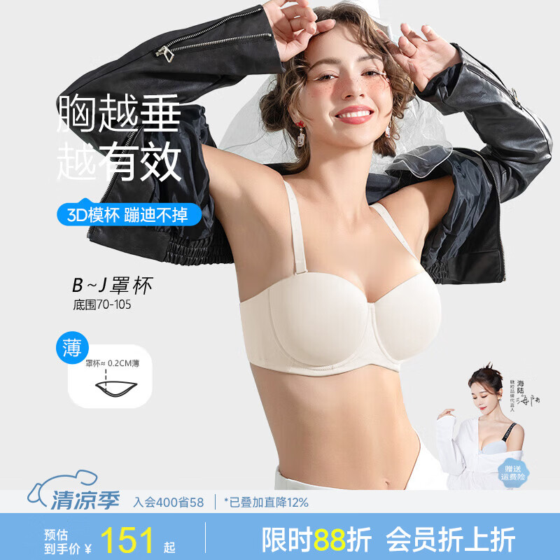 糖粒蹦迪无肩带内衣女大码无痕薄款防滑聚拢防下垂抹胸婚纱文胸罩夏季 象牙白 85C