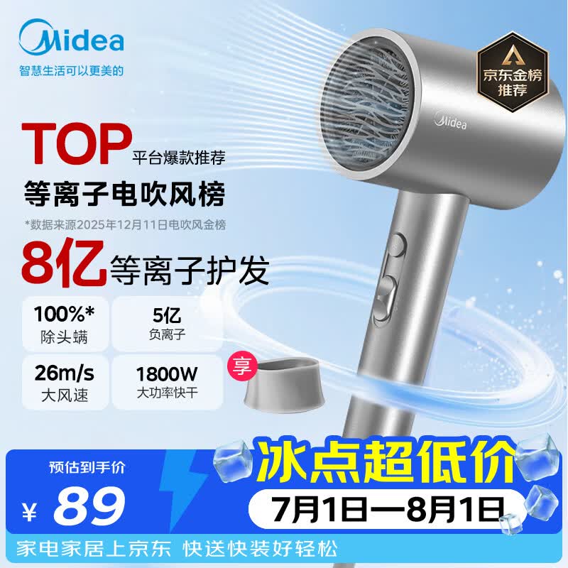 美的（Midea）8亿等离子护发电吹风 家用负离子护发吹风筒 1800W大功率快干吹风机FJ308银 节日礼物