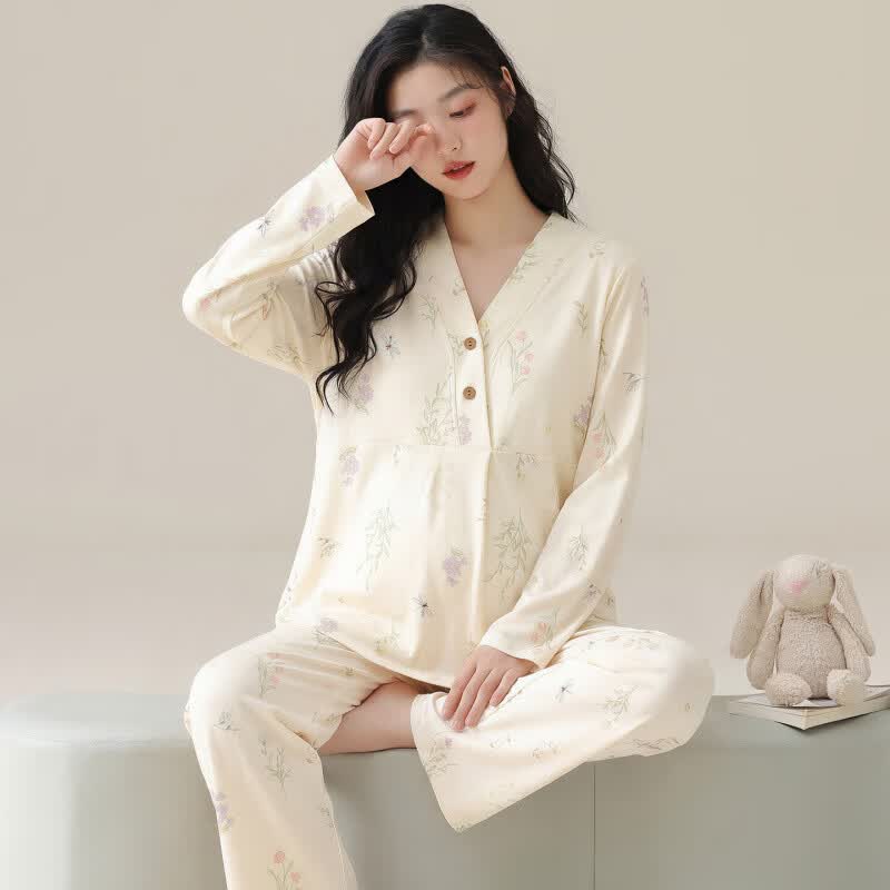 ROVO纯棉月子服孕妇产后喂奶哺乳睡衣带胸垫吸汗产妇家居服套装 粉色小兔【纯棉 自带胸垫】 XXL