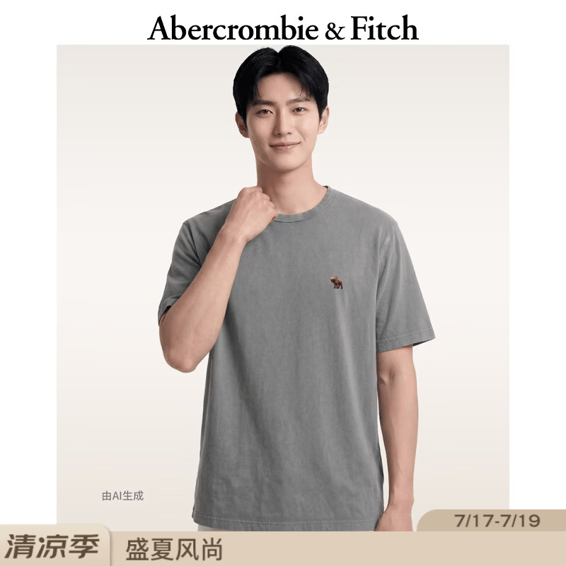 Abercrombie &amp; Fitch经典小麋鹿图案美式情侣纯棉水洗T恤26夏男装女装124-6075 深灰色 M (180/100A)