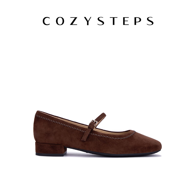 COZY STEPS可至女士26秋季新款羊皮反绒玛丽珍浅口单鞋真皮平底鞋 咖啡色 39