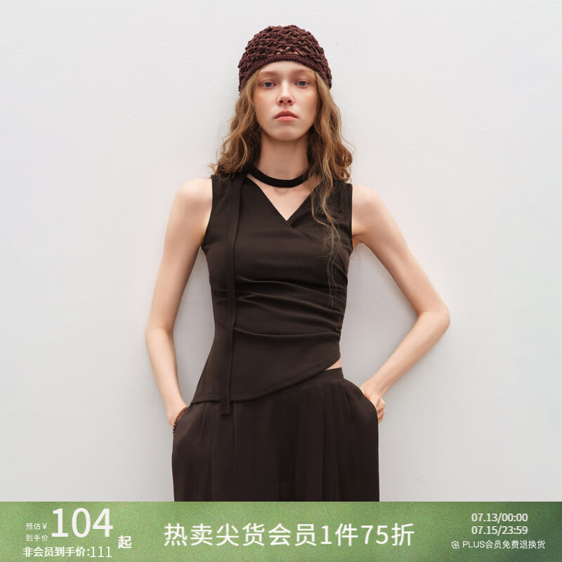 自巧小个子松弛感交叉V领T恤&amp;雪纺阔腿裙裤套装女2026年夏季新款 乌木棕t恤 M （尺码：4）