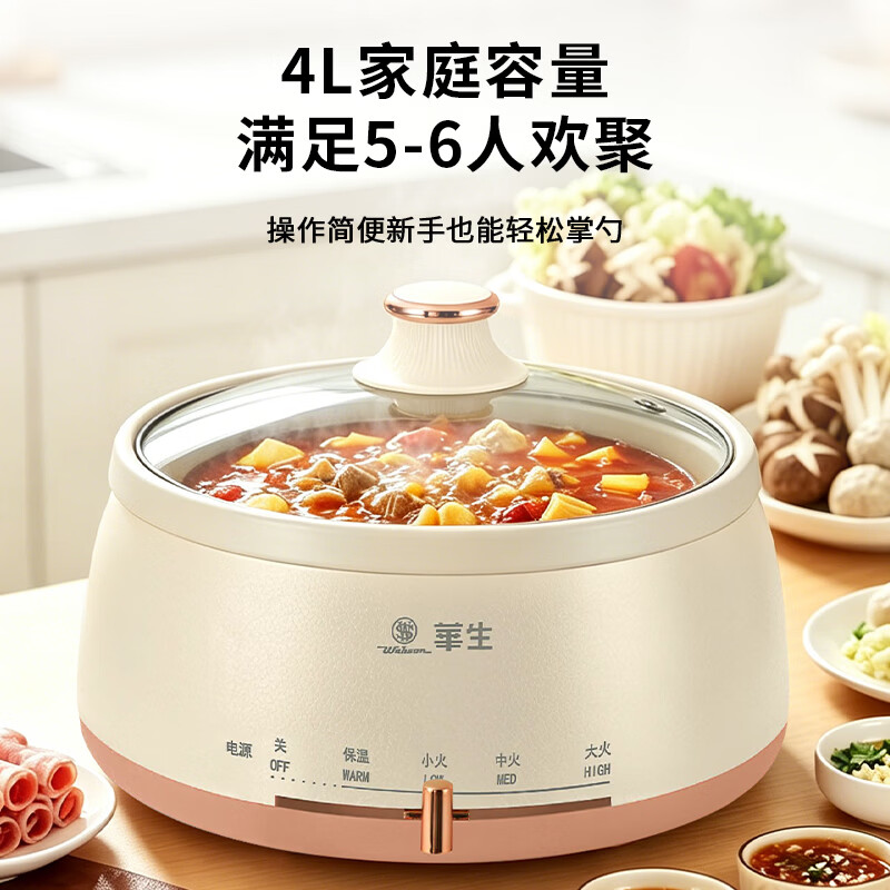 华生(Wahson)电火锅分体式可拆洗家用大容量火锅专用锅电煮锅电炒锅多功能不粘锅宿舍小电锅不锈钢电热锅 4L 【DRG-13-A10L杏色-煮涮煎炒】