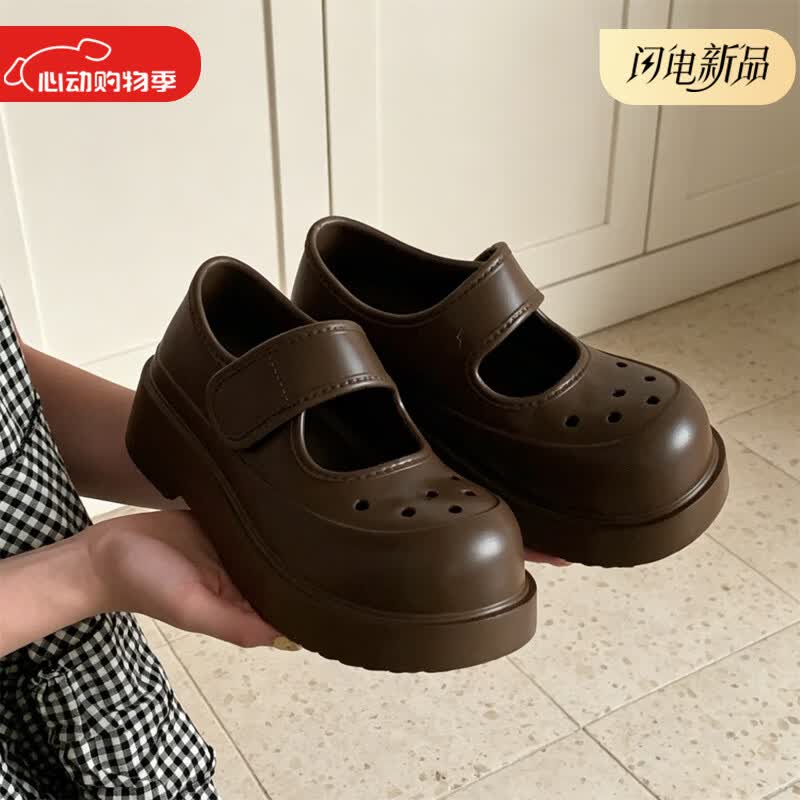 细细条（XIXITIAO）时尚不闷脚户外防滑魔术贴玛丽珍洞洞鞋夏微足弓设计厚底女士凉鞋 黑色简约款【透气防滑】 35-36 【标准码】